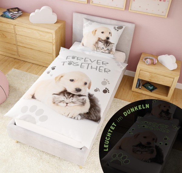 Leuchtende Kinder-Bettwäsche mit Spieleseite, 100% Baumwolle - HUND & KATZE - 135x200 cm