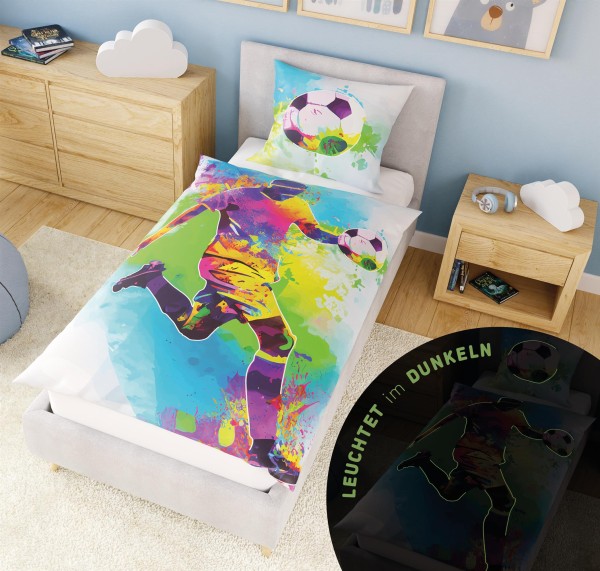 Leuchtende Kinder-Bettwäsche mit Spieleseite, 100% Baumwolle - KICK IT - 135x200 cm