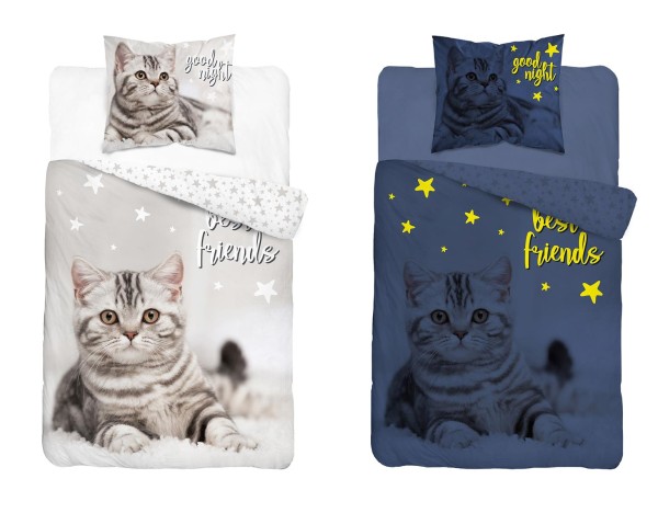 Leuchtende Kinder-Bettwäsche aus 100% Baumwolle - Katze - 135 x 200 cm