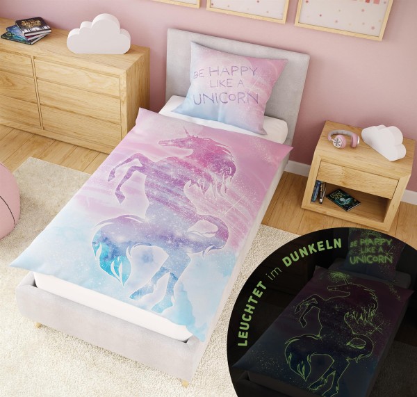 Leuchtende Kinder-Bettwäsche mit Spieleseite, 100% Baumwolle - EINHORN - 135x200 cm