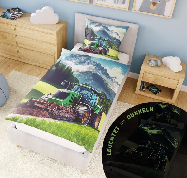 Leuchtende Kinder-Bettwäsche mit Spieleseite, 100% Baumwolle - TRAKTOR - 135x200 cm