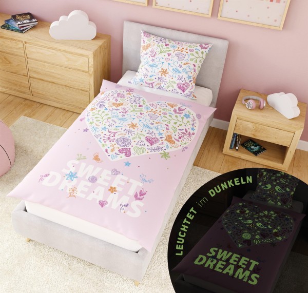 Leuchtende Kinder-Bettwäsche mit Spieleseite, 100% Baumwolle - SWEET DREAMS- 135x200 cm