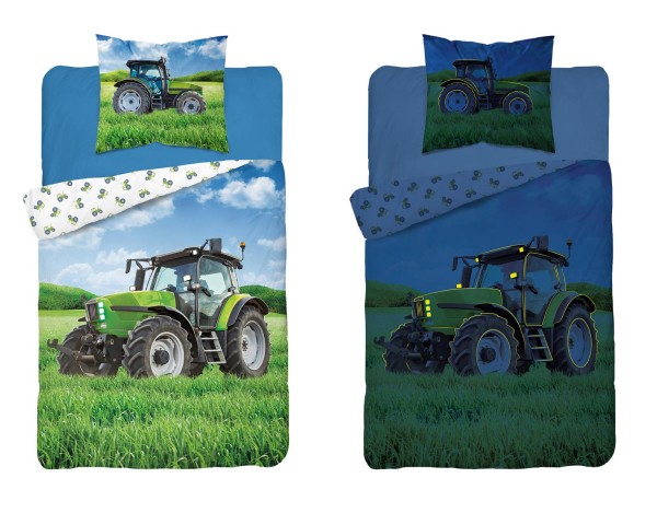 Leuchtende Kinder-Bettwäsche aus 100% Baumwolle - Traktor - 135 x 200 cm