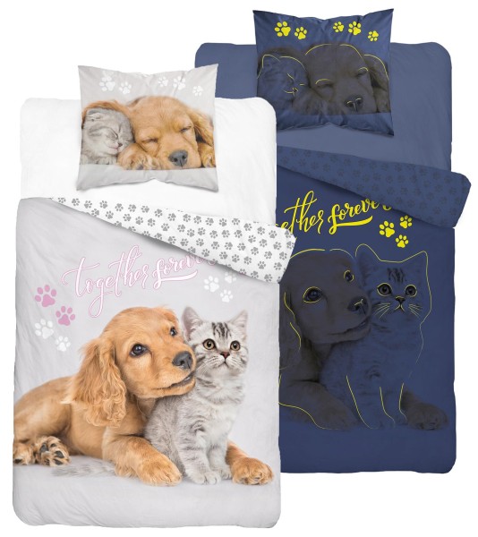 Leuchtende Kinder-Bettwäsche aus 100% Baumwolle - Hund & Katze - 135 x 200 cm