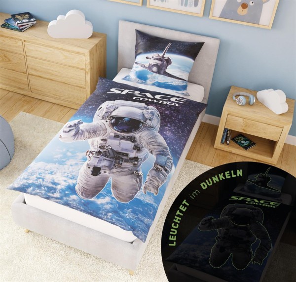 Leuchtende Kinder-Bettwäsche mit Spieleseite, 100% Baumwolle - SPACE COWBOY - 135x200 cm