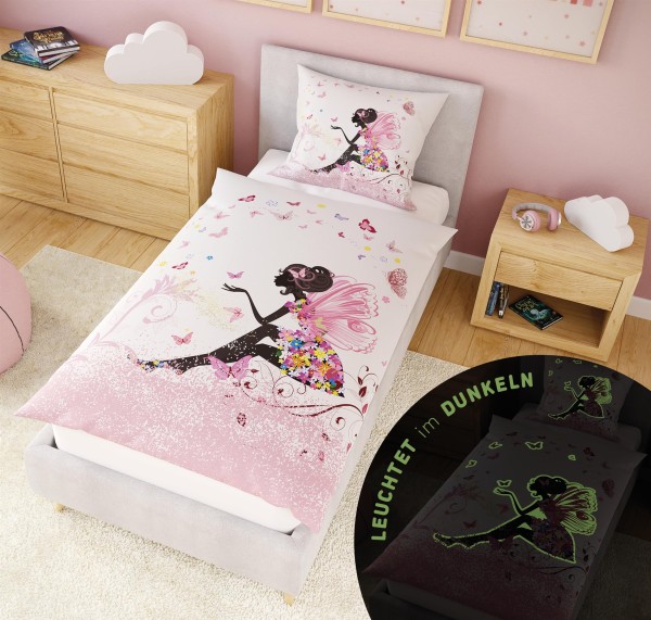 Leuchtende Kinder-Bettwäsche mit Spieleseite, 100% Baumwolle - FEENGLANZ - 135x200 cm