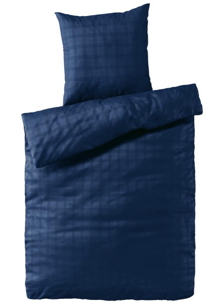 Mako Brokat Damast Bettwäsche 3-fach Karo Blau aus 100% Baumwolle