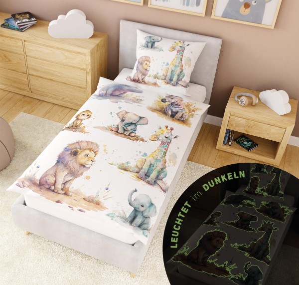 Leuchtende Kinder-Bettwäsche mit Spieleseite, 100% Baumwolle - ANIMAL CLUB - 135x200 cm