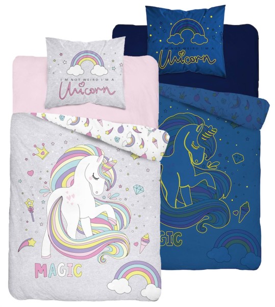 Leuchtende Kinder-Bettwäsche aus 100% Baumwolle - Rainbow Unicorn - 135 x 200 cm