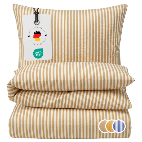 Seersucker Bettwäsche 155x220 cm aus 100% Baumwolle – Streifen Creme