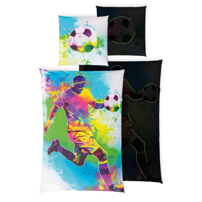 Leuchtende Kinder-Bettwäsche mit Spieleseite, 100% Baumwolle - KICK IT - 135x200 cm