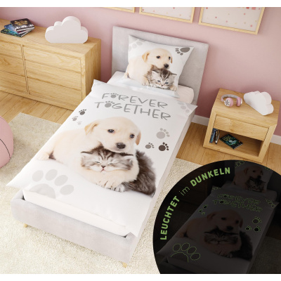 Leuchtende Kinder-Bettwäsche mit Spieleseite, 100% Baumwolle - HUND & KATZE - 135x200 cm