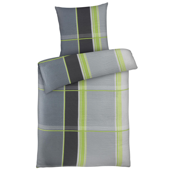 Seersucker Bettwäsche 135x200 cm aus 100% Polyester – Grau Grün kariert