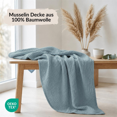 Musselin Decke 150x200 cm aus 100% Baumwolle – Einfarbig Jeans Blau