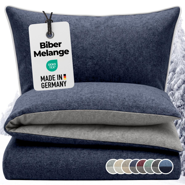 Biber Bettwäsche 155x220 cm aus 100% Baumwolle – Marine/Grau