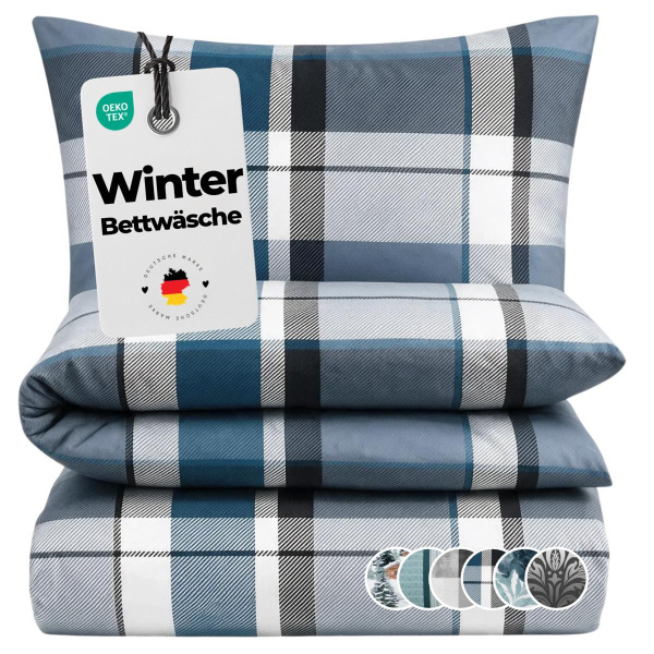 Winter Polycotton Bettwäsche aus 69% Baumwolle, 31% Polyester 135x200 cm Kariert Blau Grau