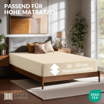 Jersey Spannbettlaken Boxspringbett 180x200 - 200x200 cm aus 100% Baumwolle – Creme