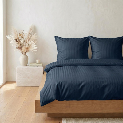 Damast Bettwäsche "Premium" aus 100% Baumwolle - Nachtblau Streifen 135cm x 200cm + 1x (80cm x 80cm)