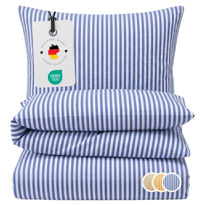 Seersucker Bettwäsche 155x220 cm aus 100% Baumwolle – Streifen Blau
