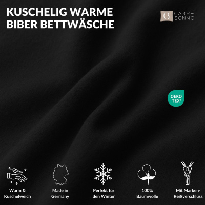 Biber Bettwäsche 155x240 cm aus 100% Baumwolle – Schwarz Uni